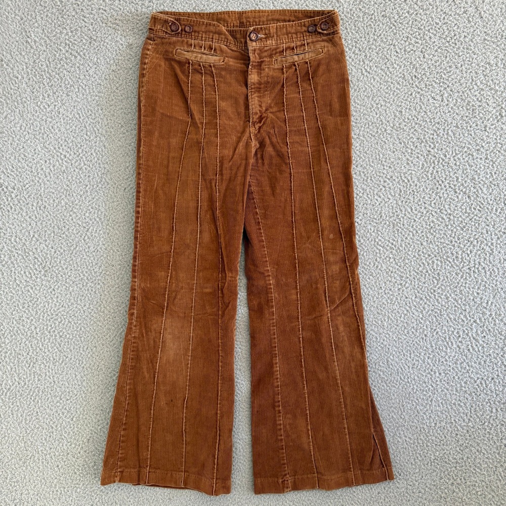 Vintage 70s Corduroy Flared Pants Brown Pleated Front Boho 70s Trousers 30x28